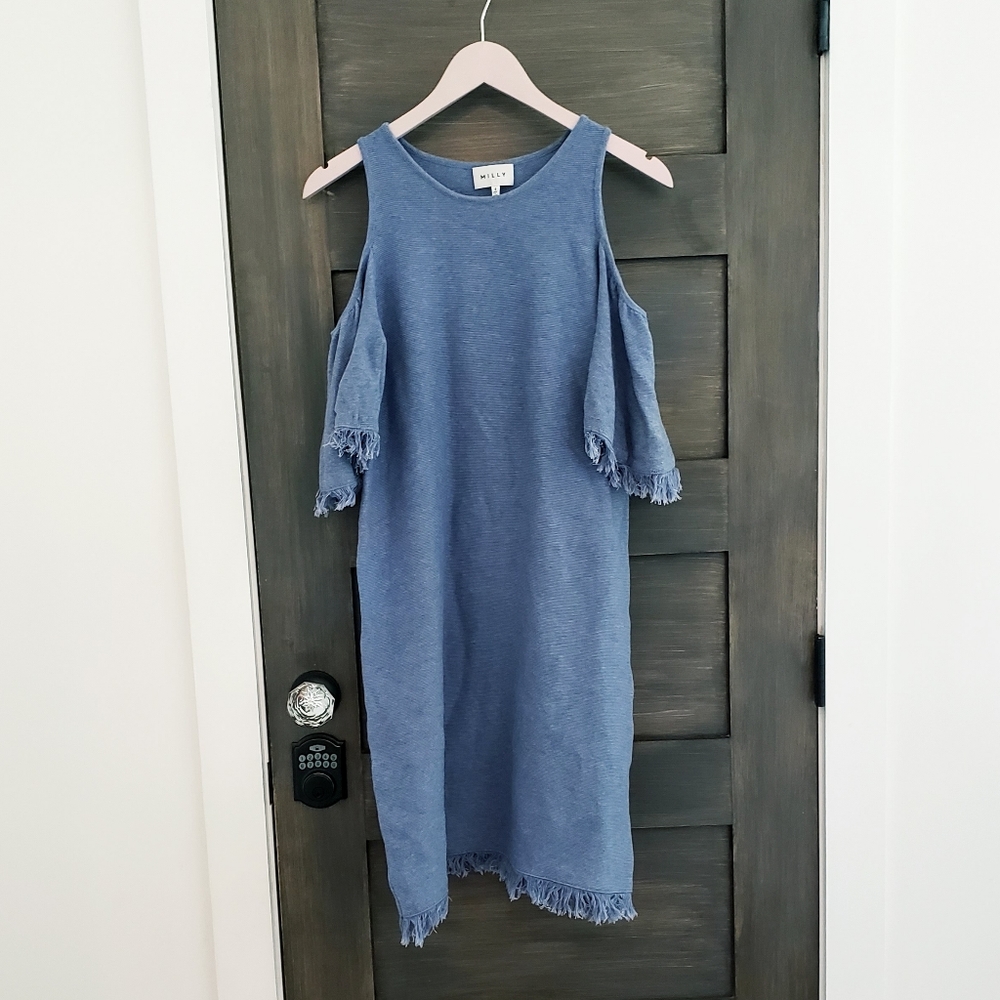 MILLY chambray blue off shoulder fringe dress sz S